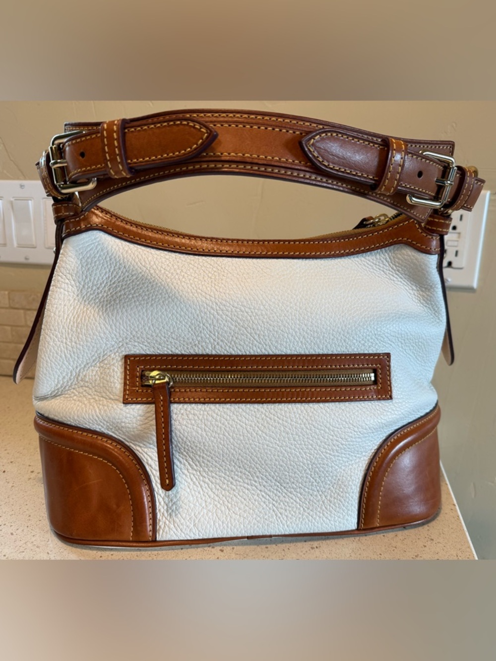 Dooney & Bourke White Pebbled Leather Shoulder Bag with Tan Trim